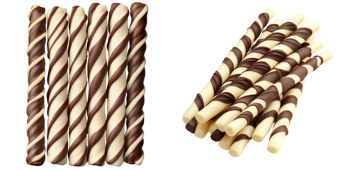  Set of a Chocolate and white chocolate striped wafer sticks, isolated on transparent background.