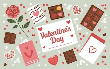 Valentine's Day flat lay with roses, chocolates, and romantic card