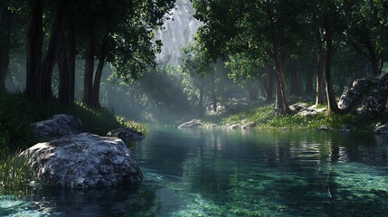 Obraz premium Serene forest landscape with a tranquil river and lush greenery.