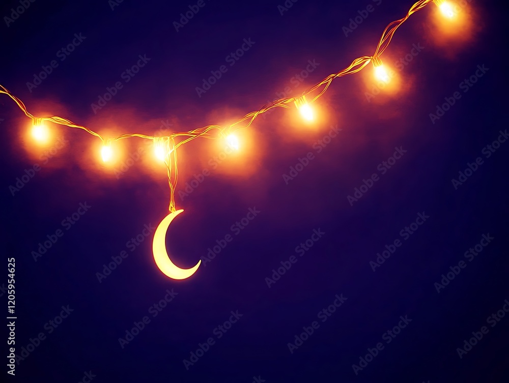 Poster illuminated crescent moon with string lights at night