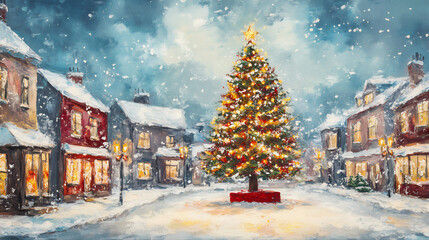 Fototapeta premium Winter landscape in the forest. Winter in the village. Christmas tree in the city. Landscape with christmas tree. Christmas tree in the snow