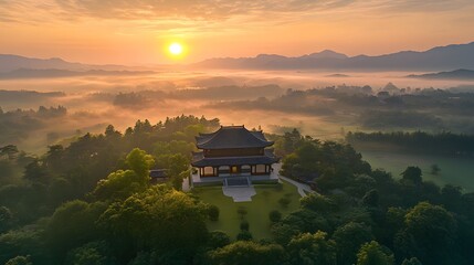 Obraz premium Sunrise Over Misty Mountains And Tranquil Temple