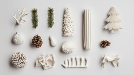 Minimalist Christmas Decoration Flatlay: White and Brown Winter Wonderland