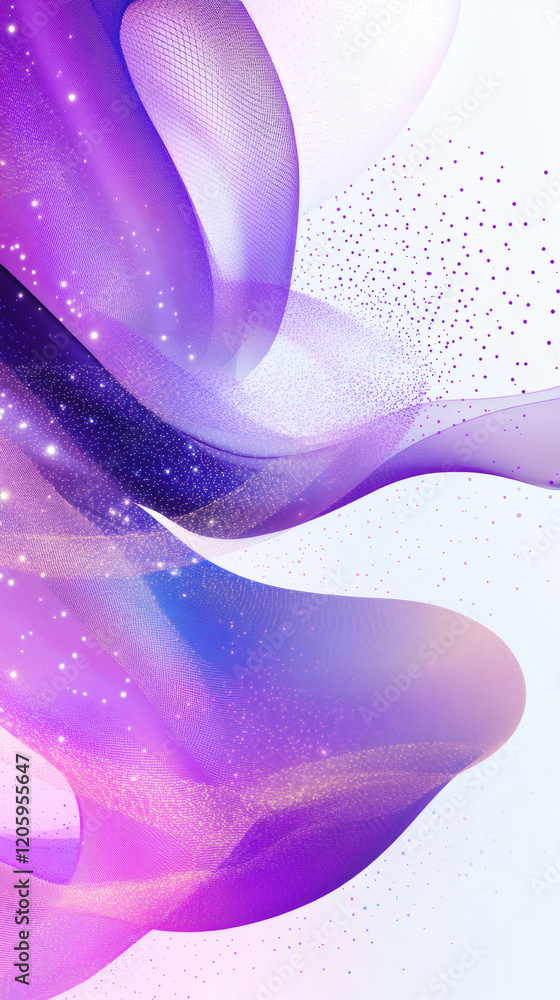Poster Abstract background with flowing purple and blue waves and glitter particles creating a dynamic and vibrant visual
