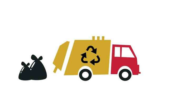 Animated garbage truck on a white background. The truck, featuring a recycling symbol, collects and disposes of garbage bags. Close-up shots of plastic garbage bags follow