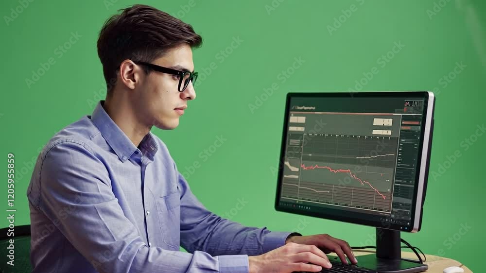 Poster focused trader: a young man intently studies financial data on his computer screen, his focused expr