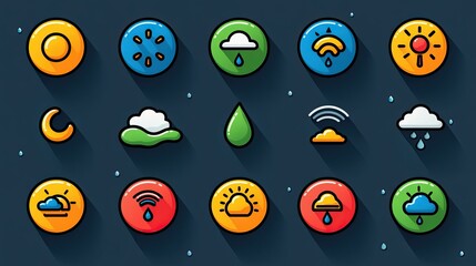 A collection of weather icons featuring sun, clouds, rain, and other meteorological symbols.