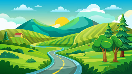Landscape with road green hill and green grass on white background, banner. Rolling Hills. Illustration