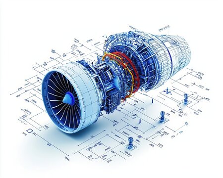 Isometric blueprint of a highbypass turbofan jet engine with intricate mechanical details, jet engine, blueprint, isometric