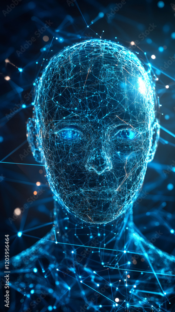 Poster digital human face made of glowing lines and dots, representing artificial intelligence, machine lea