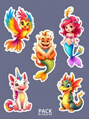 Fototapeta premium stickers of magical beings: A shining fairy, a smiling gnome, a cute witch, a powerful wizard and an enchanting mermaid - 02