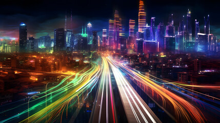 Obraz premium A bustling city illuminated by colorful, glowing light streaks at night.