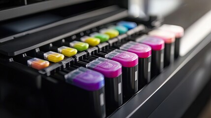 Colorful Ink Cartridges in a Printer Tray