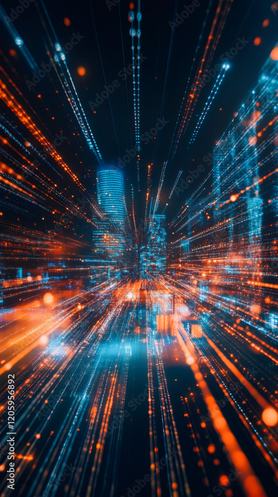 Poster streaks of light converging on skyscrapers in a futuristic cityscape, symbolizing data flow and conn