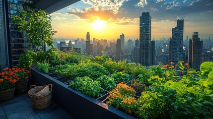 Fototapeta premium Urban Rooftop Garden at Sunset with Vibrant Plants and City Skyline in Background