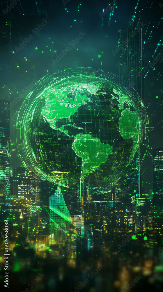 Leinwandbilder green planet earth with binary code network is digitally generated above futuristic city skyline at 