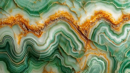 Obraz premium Green and gold onyx slab, wavy pattern, polished surface, decorative background