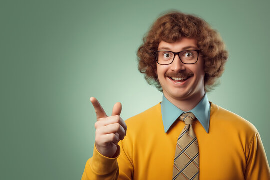 Smiling Retro Man in Bright Yellow Sweater and Tie Pointing Enthusiastically Against Green Background