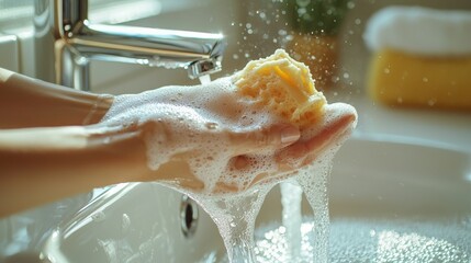 Fototapeta premium Close-up of hands washing under running water in a bathroom sink, with soap and a sponge on a white background
