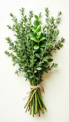 Obraz premium Bunch of fresh detox herbs tied together with string on a light background.