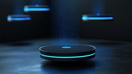 Futuristic Blue Glowing Discs Levitate Data Streams