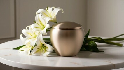 Elegant metallic cremation urn with white lilies on marble surface