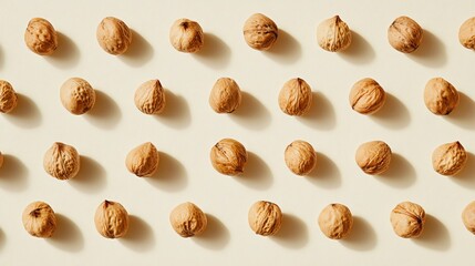 A flat lay of mixed nuts arranged in a geometric pattern, isolated on a light cream background