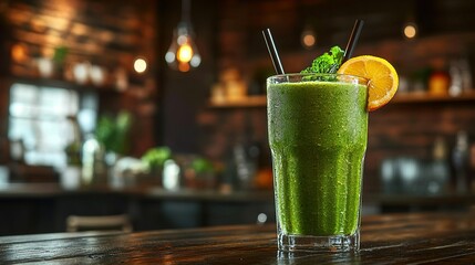 Green smoothie on bar in cafe with blurred background