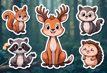 Obraz premium Forest animal stickers: A playful squirrel, a smiling deer, a vibrant raccoon, a charming owl and a cute hedgehog - 02