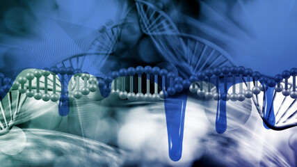 3d render of dna chains with blue liquid overlay