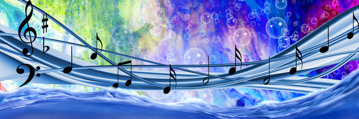 Vibrant waves of sound dance through a colorful musical landscape filled with notes and bubbles