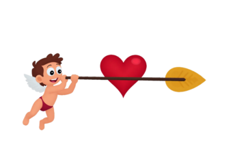 A cartoon-style cupid shooting an arrow into a true red heart.
