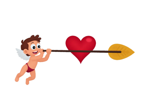 A cartoon-style cupid shooting an arrow into a true red heart.
