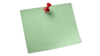 Blank Green Paper Note with Push Pin Isolated on Transparent Background