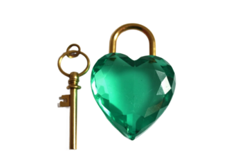 An emerald gem-colored heart lock paired with a golden key.
