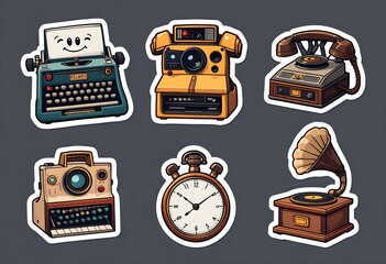 vintage objects stickers: A shiny typewriter, a cheerful Polaroid camera, a vibrant retro telephone, a charming pocket watch and an elegant gramophone - 02