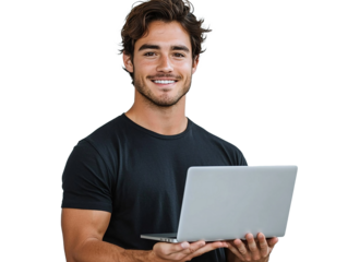 Professional yet casual young man smiling while holding a laptop on hand symbolizing the efficient role of a digital user in remote workspaces and the modern technology-driven workforce