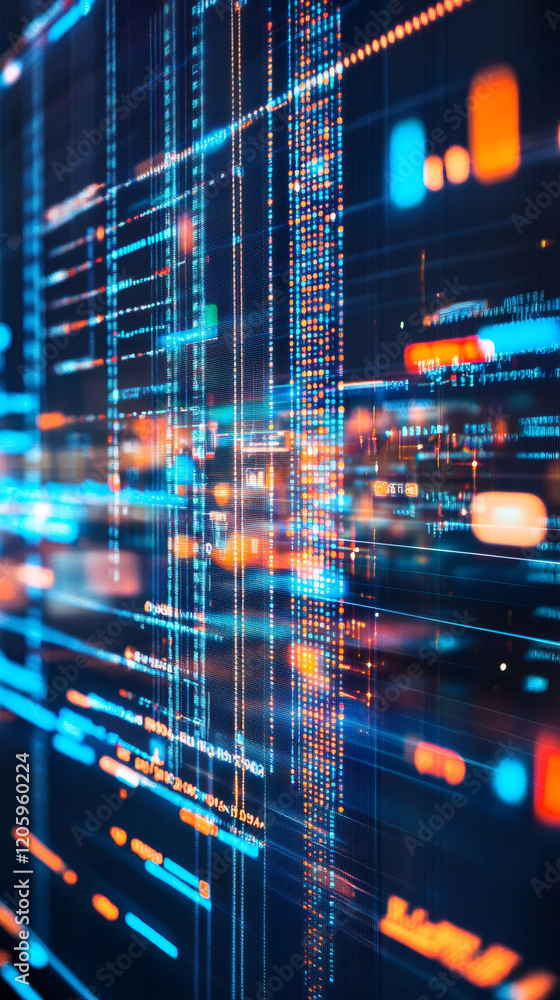 Leinwandbilder Programming code displaying dynamic data flow with vibrant blue and orange hues across digital screen