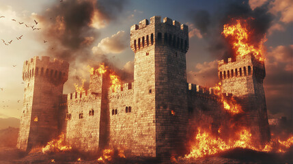 Vintage siege of old castle in the city. Landmark medieval castle view with great walls. Medieval castle in the town countryside on fire. Tower of belem city destruction 