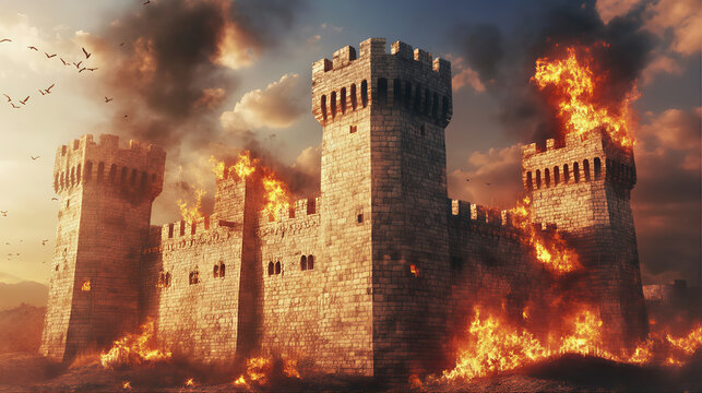 Vintage siege of old castle in the city. Landmark medieval castle view with great walls. Medieval castle in the town countryside on fire. Tower of belem city destruction 