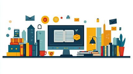A colorful digital workspace featuring books, a computer, and various icons representing communication.