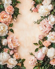 A beautiful floral frame featuring delicate pink and white peonies on a soft background.