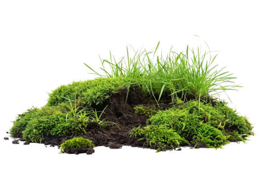 Green moss on the ground, pile of soil with grass isolated on transparent background. high resolution PNG file