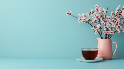 A cozy cup of tea with cherry blossoms on a pastel background.