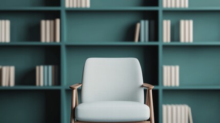 A cozy reading nook featuring a modern chair and a vibrant bookshelf filled with books.
