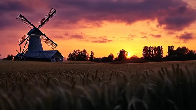 dutch windmill at sunset