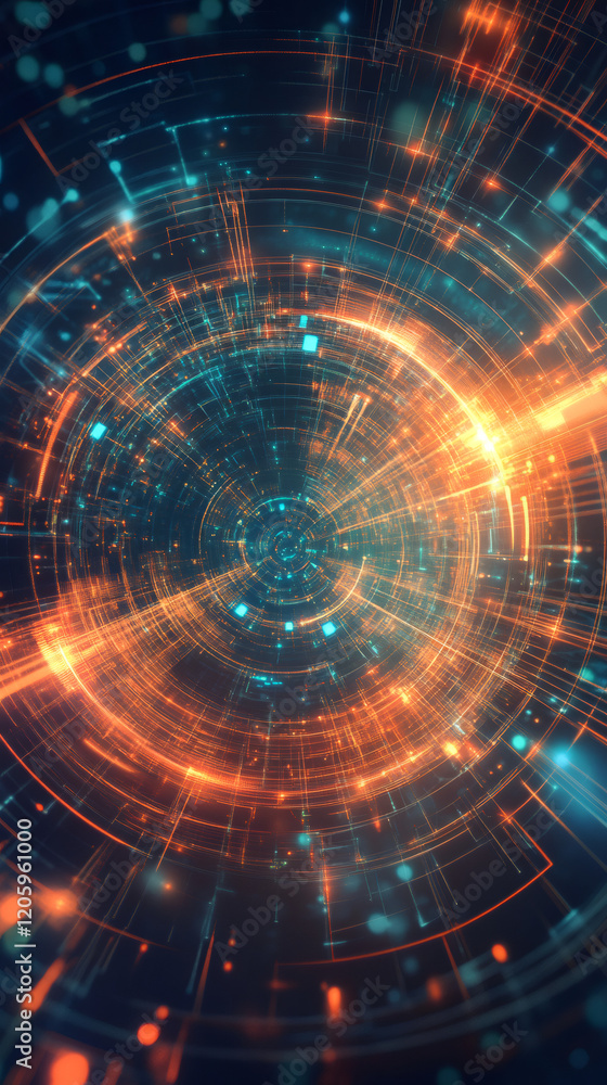 Leinwandbilder orange and teal digital data stream flowing in a circular motion, creating a tunnel effect, symboliz