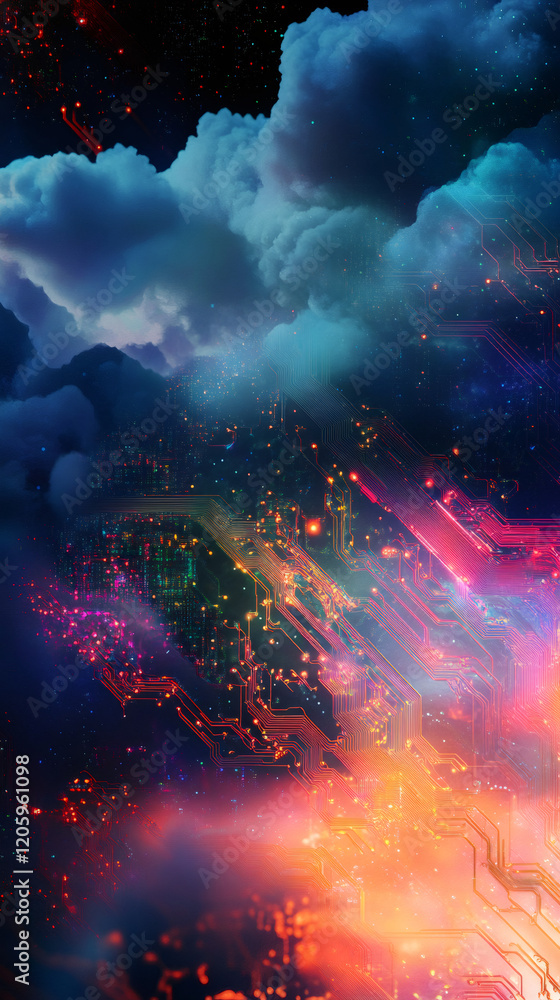 Poster merging electronic circuits with vibrant nebulae, creating a dynamic cloud computing concept that em