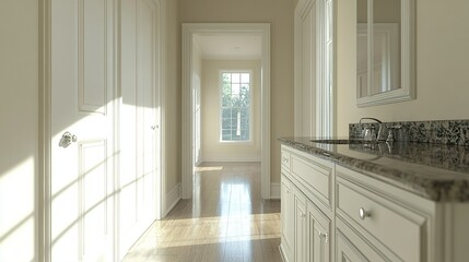 Fototapeta premium Hallway bathroom vanity, sunny window view, home interior