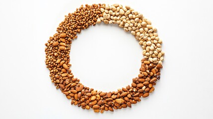 Obraz premium A single layer of mixed nuts spread evenly in a circle, isolated on a white background